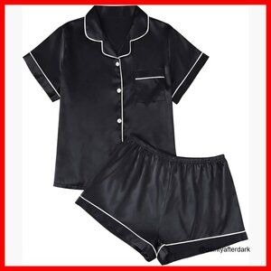 Silk Satin Pajama Set 2 Piece Lounge Sleepwear Button Down Shirt Shorts
